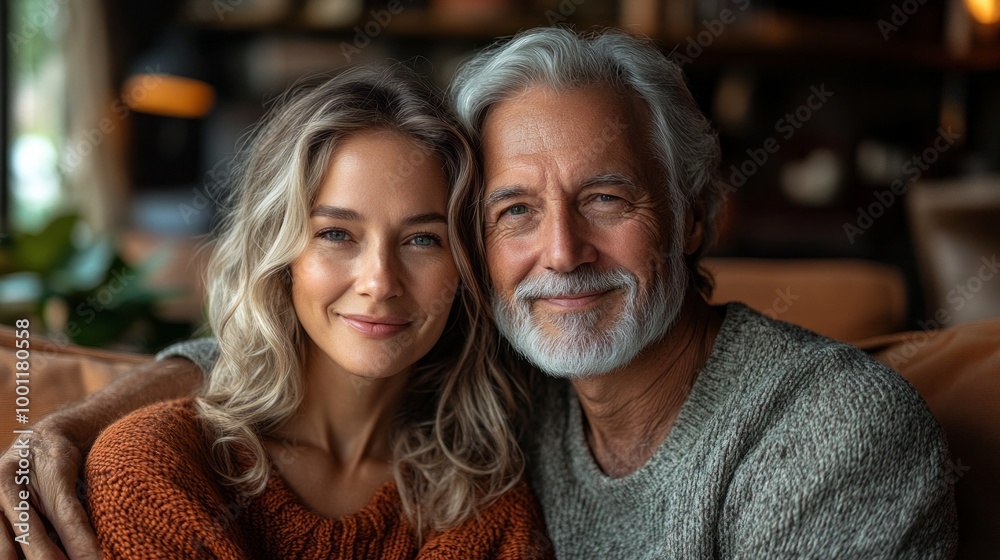 A man and a woman are sitting on a couch and smiling at the camera A man and a woman are sitting on a couch and smiling at the camera