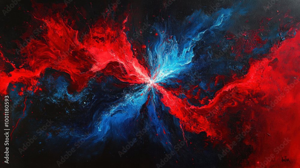 Fototapeta premium Versus background, A mesmerizing clash of neon blue and red energy, bursting in a spectacular splash on a dark canvas. The collision forms intricate patterns of light and movement,