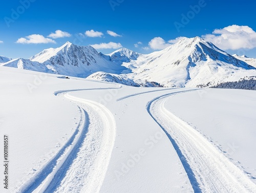 Snow-covered landscape with mountain paths and blue sky.