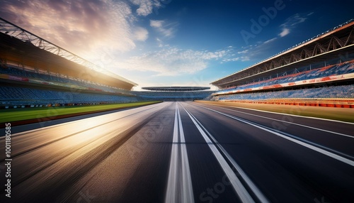 An F1 race track circuit road, depicted with motion blur, features a grandstand stadium, setting the stage for exhilarating Formula One racing events
