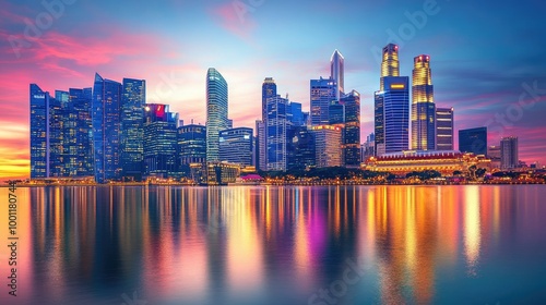 A vibrant city skyline with soaring skyscrapers and calm water reflections, taken at dusk to emphasize the bustling energy and modern elegance of the city