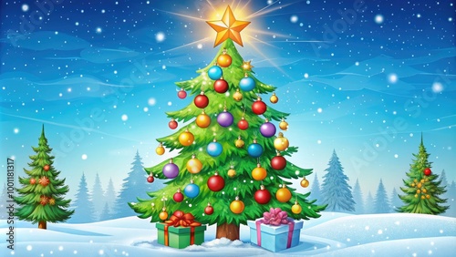 Colorful cartoon illustration of a merry Christmas tree adorned with ornaments, gifts, and a bright star on top, set against a snowy winter wonderland background.