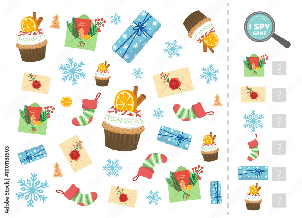 I spy game for kids with letters to Santa, gifts, cakes. Search and count how many. Math game. Vector I spy game for kids with letters to Santa, gifts, cakes. Search and count how many. Math game. Vector