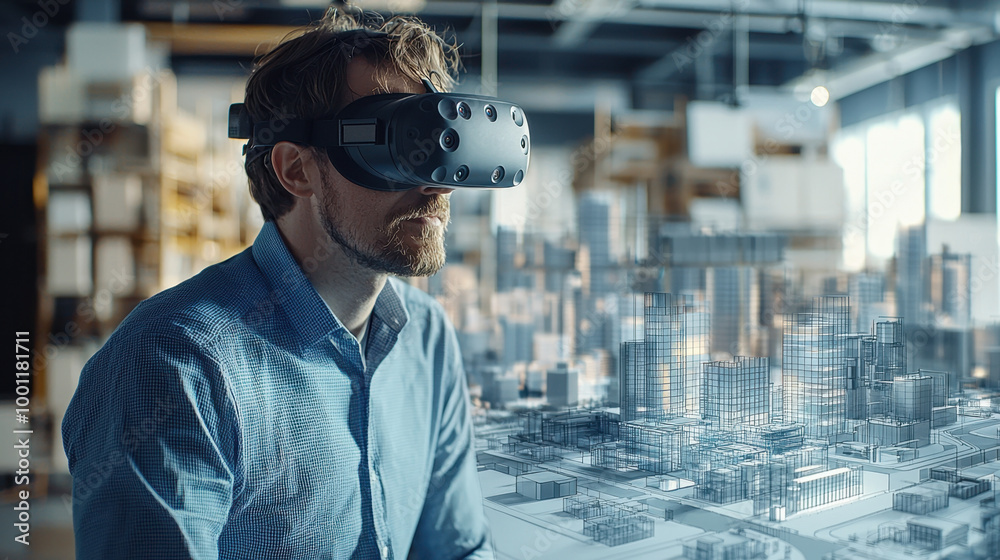 VR in engineering, In a simulated urban landscape, a civil engineer uses VR goggles to visualize and modify blueprints for a modern building. The setting includes a dynamic city VR in engineering, In a simulated urban landscape, a civil engineer uses VR goggles to visualize and modify blueprints for a modern building. The setting includes a dynamic city