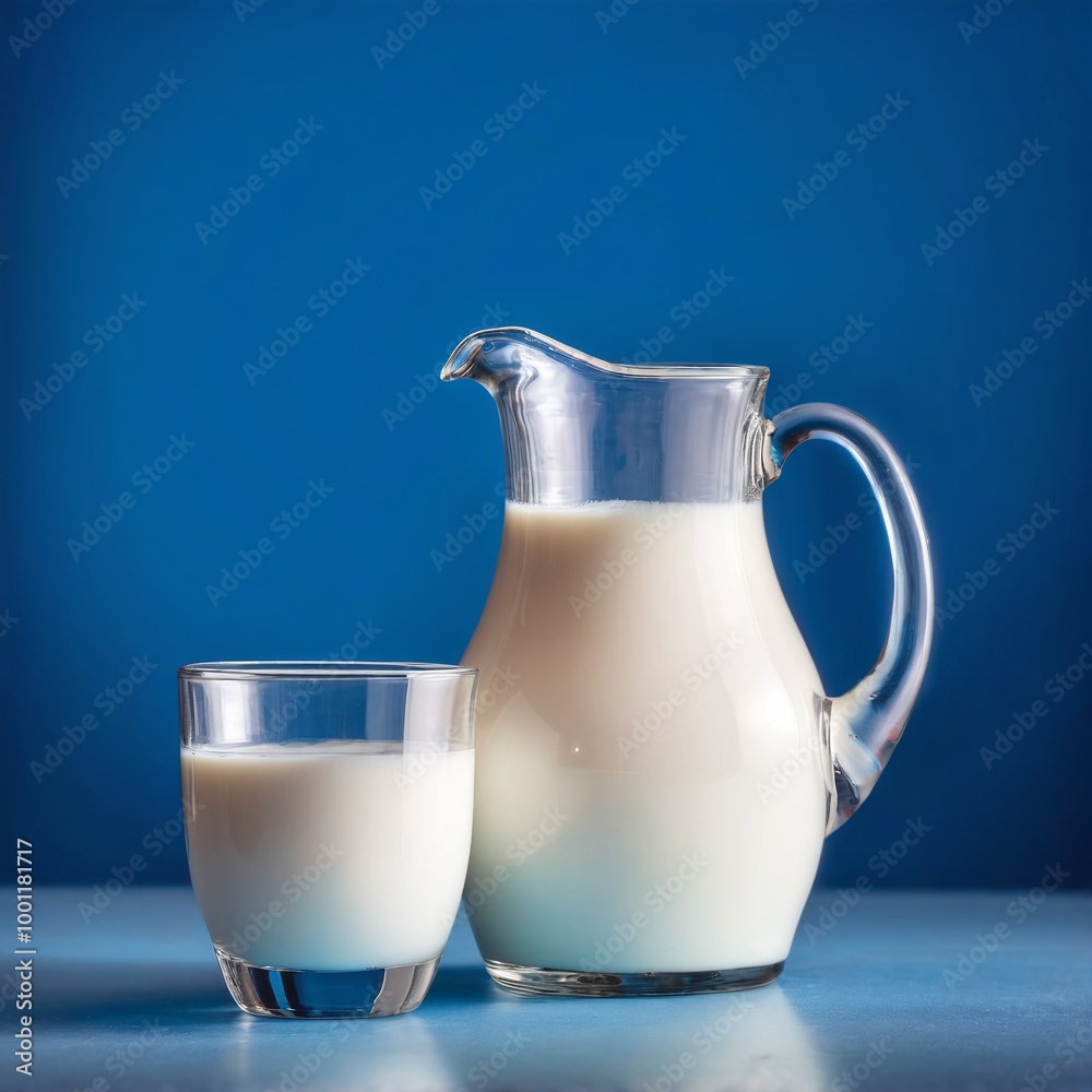 Milk in glass and jug on blue background. Milk in glass and jug on blue background.
