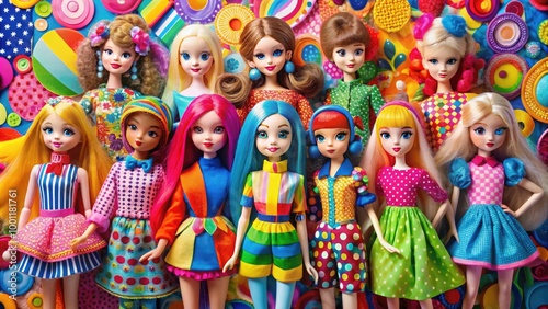 Colorful, playful, and whimsical background featuring bright hues and abstract shapes, perfect for showcasing collectible fashion dolls and accessories in a fun and youthful atmosphere.