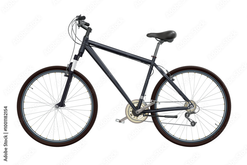 Black bicycle, side view. Black leather saddle and handles. Png clipart isolated on transparent background Black bicycle, side view. Black leather saddle and handles. Png clipart isolated on transparent background