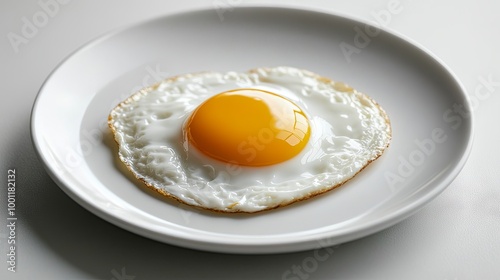 Fried egg displayed on a plain white plate, a clean and minimalist culinary aesthetic.