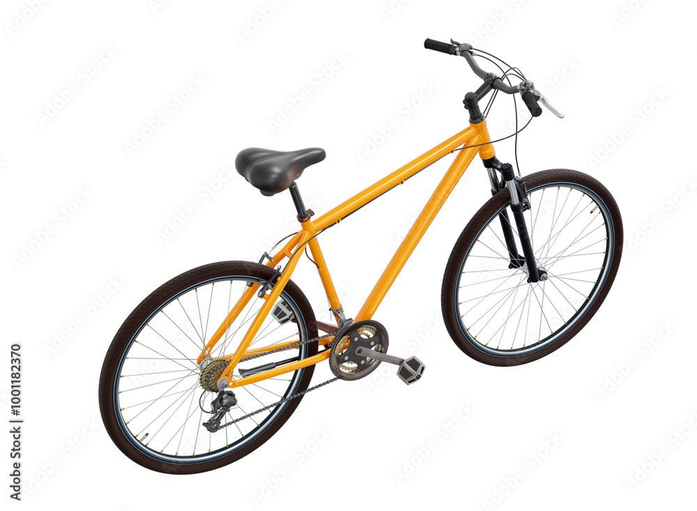 Fototapeta premium Orange bicycle, top back view. Black leather saddle and handles. Png clipart isolated on transparent background