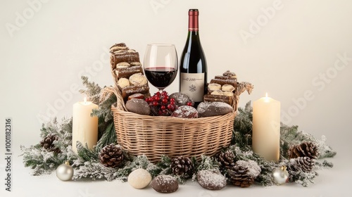 A wicker basket containing wine and Christmas treats, surrounded by holiday decor such as candles and garlands, on a white background. photo