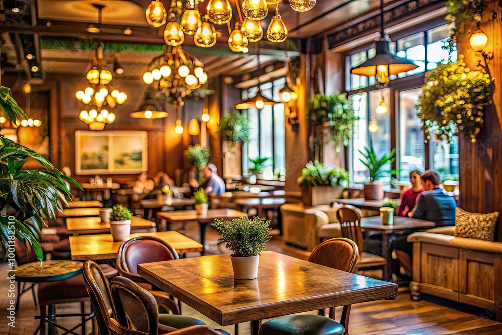 Cozy and inviting blurred background of a bustling café, with warm lighting, wooden tables, and ornate decorations, evoking a sense of relaxation and comfort.