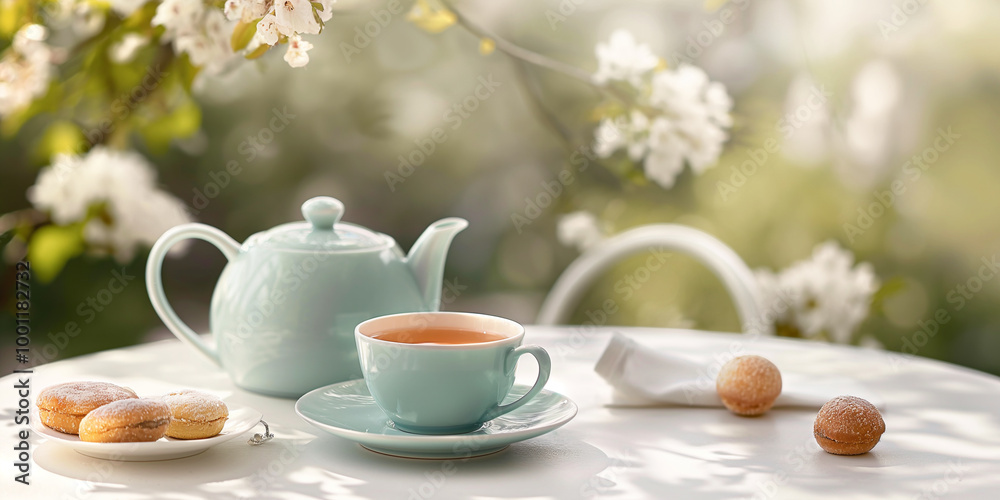 Luxurious Tea Scene with Garden View: Delicate pastries and elegant china Luxurious Tea Scene with Garden View: Delicate pastries and elegant china