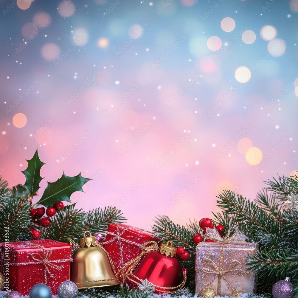 Christmas greeting card template bell, gift box and pine branches on bokeh background. perfect for holiday banners, cards, or marketing materials