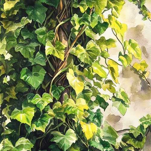 Illustrate a lush vine growing upwards from an eye-level angle, capturing its intricate details and vibrant green leaves in vivid watercolor photo