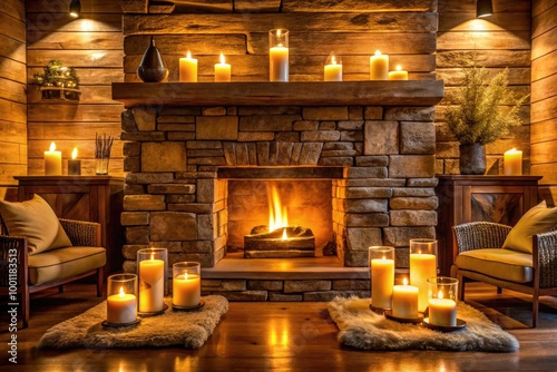 Cozy rustic stone fireplace crackles with warm golden flames, surrounded by rich wooden paneling and elegant candles, creating a serene and intimate ambiance. photo