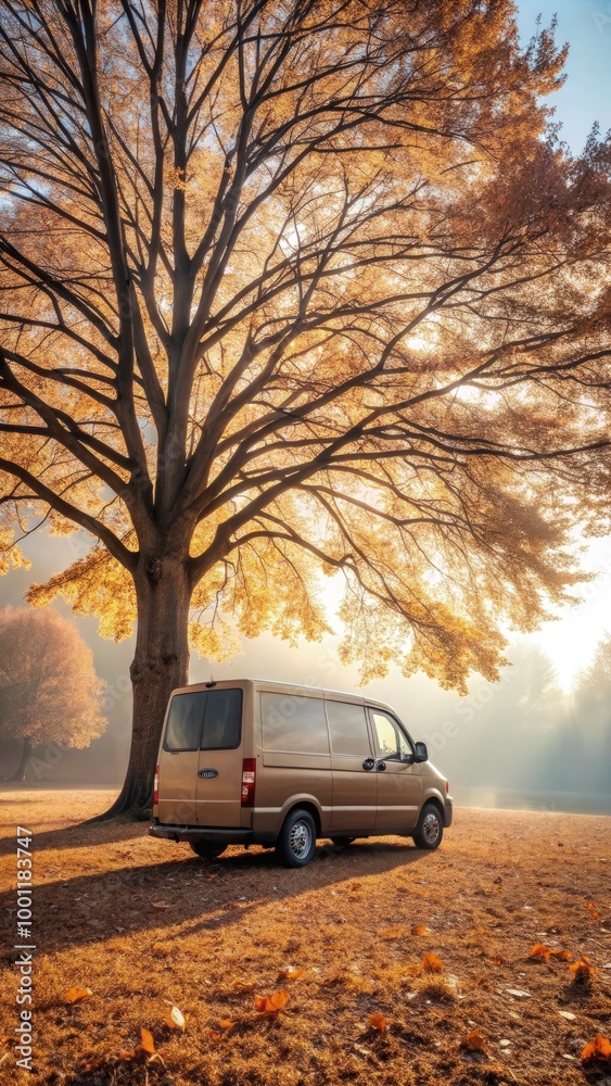 Brown van parked beside a large tree during a serene autumn day. Generative AI Brown van parked beside a large tree during a serene autumn day. Generative AI