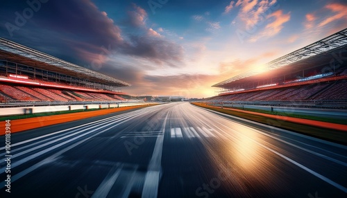 Formula One racing circuit road with motion blur, alongside a grandstand stadium, creates an electrifying atmosphere for F1 racing