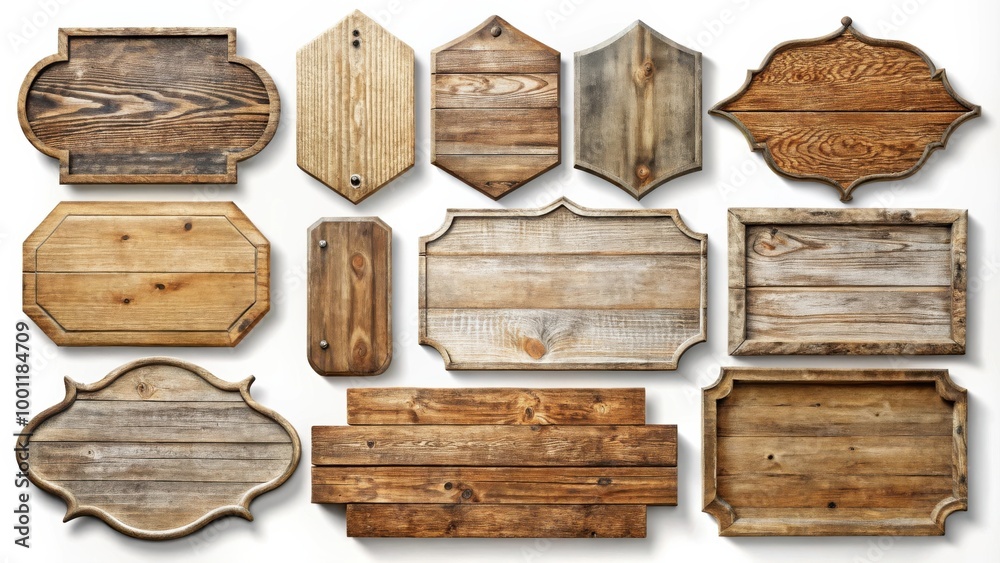 Weathered wooden signs in various shapes and sizes rustic and vintage designs for decorations, backgrounds, and signage purposes Weathered wooden signs in various shapes and sizes rustic and vintage designs for decorations, backgrounds, and signage purposes