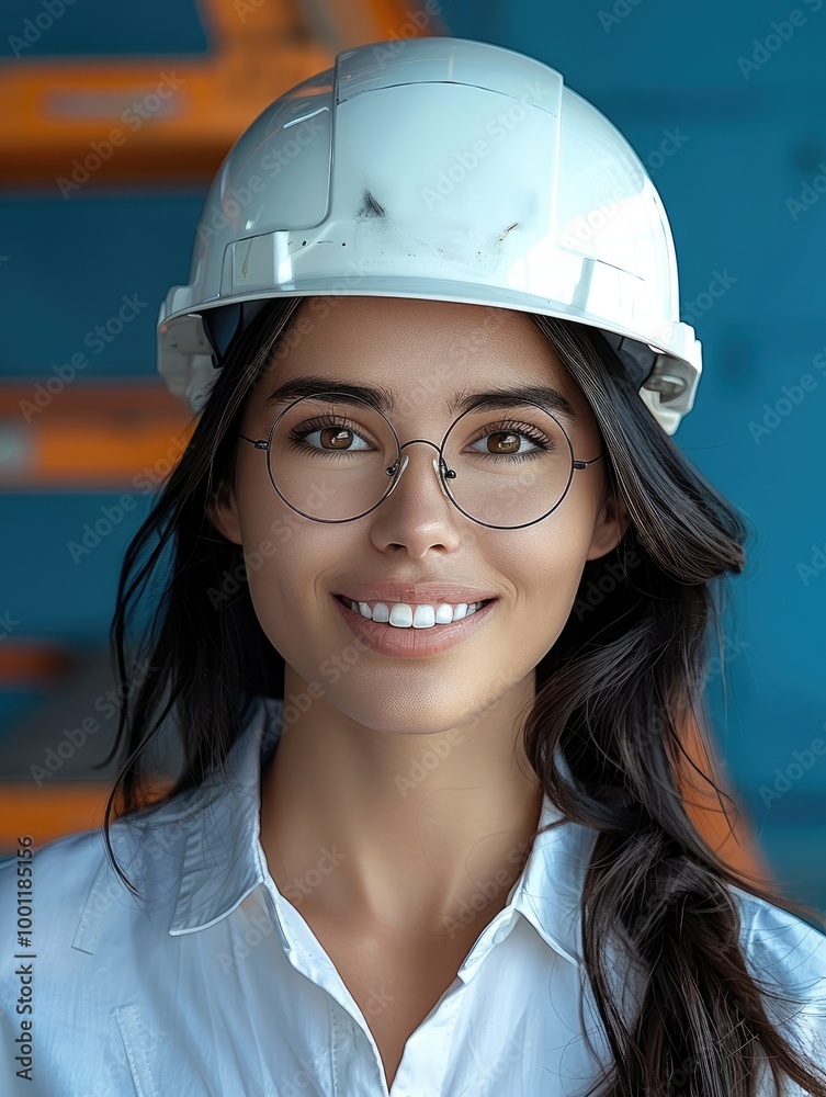 Business woman, black hair, smiling, wearing a safety white helmet and classic glasses and professional, on blue background. Business woman, black hair, smiling, wearing a safety white helmet and classic glasses and professional, on blue background.