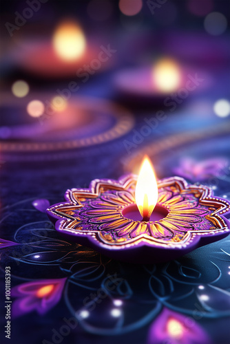 Diwali Celebration, Traditional Rituals in India, Vivid Background, Festival of Light’s Victory, Diyas, Traditional Oil Lamps on Rangoli Patterns, Vertical Poster in Dark Magenta, Purple Colors. photo