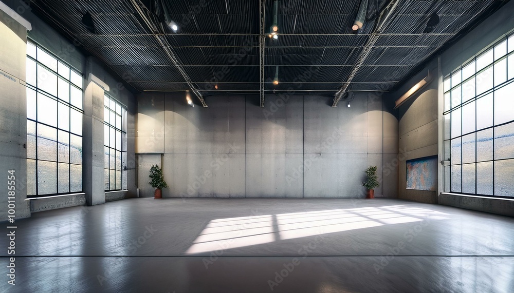 In a clean yet grungy concrete exhibition hall interior, mock-up spaces adorn the walls, offering a versatile canvas for showcasing creative designs amidst an industrial aesthetic In a clean yet grungy concrete exhibition hall interior, mock-up spaces adorn the walls, offering a versatile canvas for showcasing creative designs amidst an industrial aesthetic