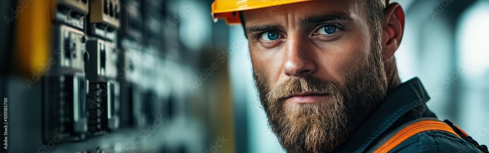 Fototapeta premium Electrician adjusting power station panel with focused expression and safety gear