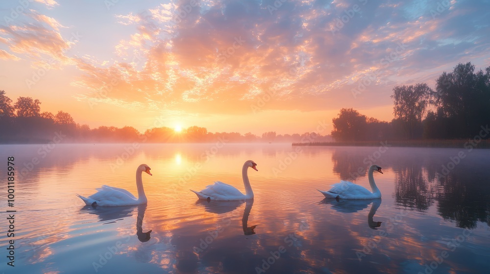 Fototapeta premium Three swans swimming in a tranquil lake at sunrise