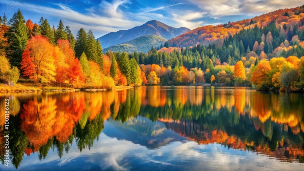 Serene lake reflecting vibrant autumn colors surrounded by trees and mountains Serene lake reflecting vibrant autumn colors surrounded by trees and mountains