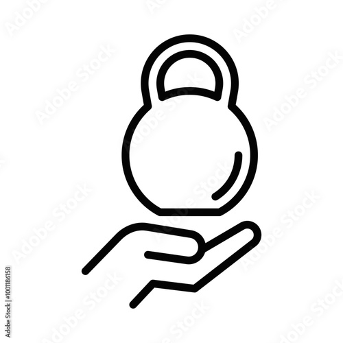 Vector illustration of a hand holding a kettlebell icon, symbolizing strength, fitness, and gym workouts.