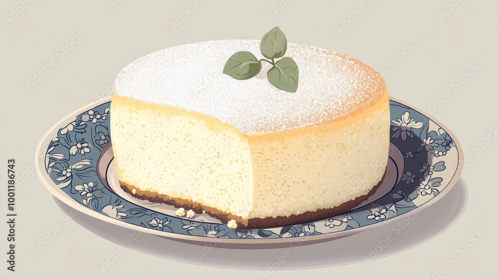 A cozy illustration of a Japanese-style fluffy cheesecake with a light dusting of powdered sugar, resting on a decorative plate, Illustration, Food Concept A cozy illustration of a Japanese-style fluffy cheesecake with a light dusting of powdered sugar, resting on a decorative plate, Illustration, Food Concept