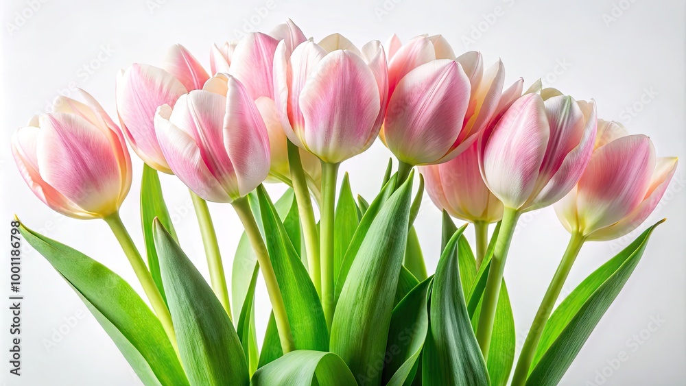 Delicate, cup-shaped tulip blooms with vibrant green stems and leaves stand out against a soft, pure white background, evoking feelings of serenity and elegance. Delicate, cup-shaped tulip blooms with vibrant green stems and leaves stand out against a soft, pure white background, evoking feelings of serenity and elegance.