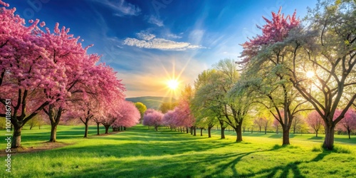 Vibrant Spring Nature Landscape with Green Grass and Beautiful Trees in Blooming Season