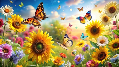 Delicate butterflies flit across a vibrant floral backdrop, featuring an array of colorful blooms, including sunflowers, daisies, and snapdragons, in a whimsical summer scene.
