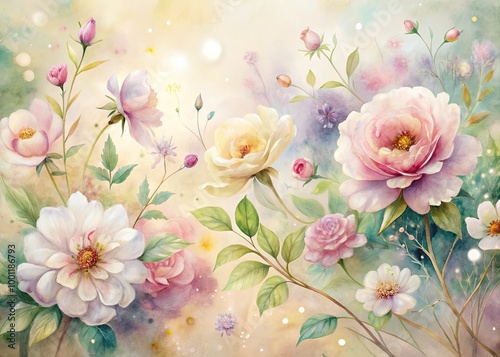 Delicate, dreamy watercolor flowers in soft pastel hues dance across a gentle, creamy background, evoking a sense of whimsy and romantic elegance.
