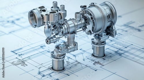 Fototapeta Naklejka Na Ścianę i Meble -  Ultrarealistic engine blueprint reveals 2D design and 3D structure, showcasing detailed mechanics in open space