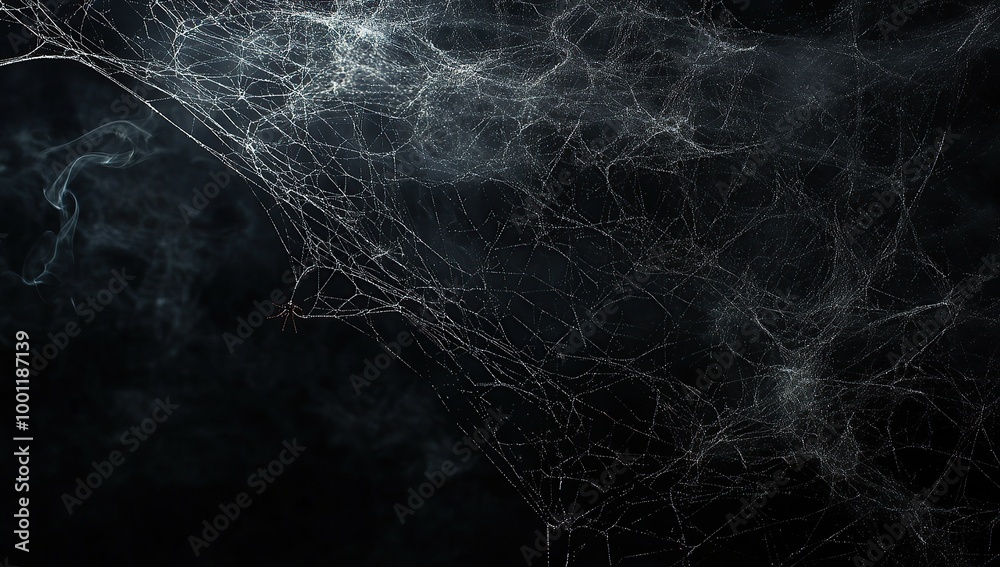Abstract black background with spider web and dew drops on it, close-up, top view Abstract black background with spider web and dew drops on it, close-up, top view