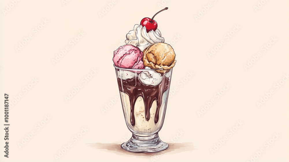 A hand-drawn illustration of a classic ice cream sundae in a tall glass, with scoops of vanilla, chocolate, and strawberry ice cream, topped with whipped cream, a cherry, and choco A hand-drawn illustration of a classic ice cream sundae in a tall glass, with scoops of vanilla, chocolate, and strawberry ice cream, topped with whipped cream, a cherry, and choco