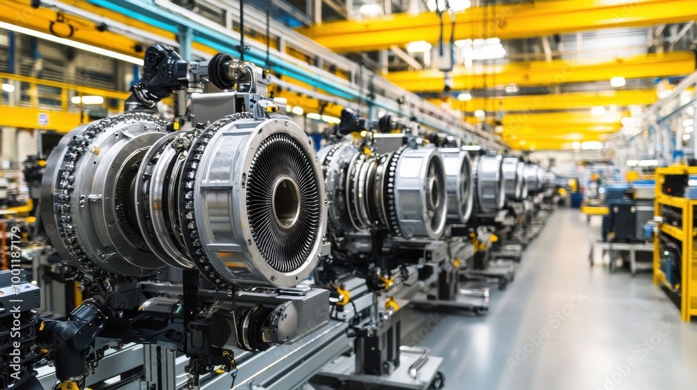 A hightech engine manufacturing facility with active assembly lines and mechanical arms, showcasing industrial scale, Created with Generative AI. A hightech engine manufacturing facility with active assembly lines and mechanical arms, showcasing industrial scale, Created with Generative AI.