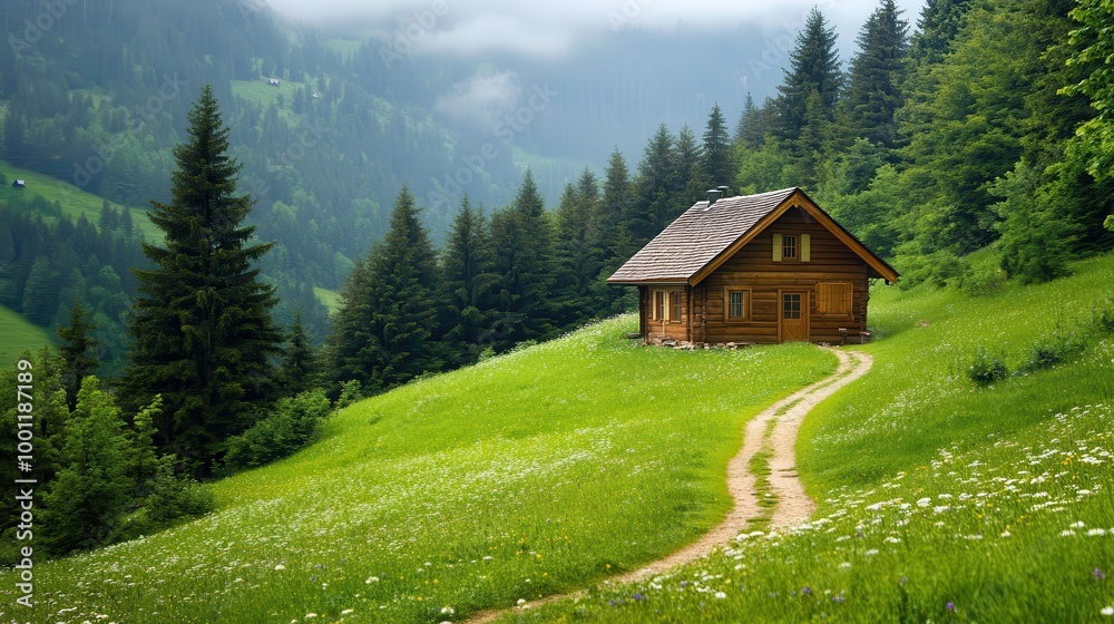 View of traditional rustic wooden mountain chalet in idyllic forest in the Europian Alps on cold snowy day in winter View of traditional rustic wooden mountain chalet in idyllic forest in the Europian Alps on cold snowy day in winter