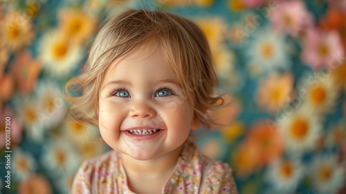 A young girl with blonde hair and blue eyes is smiling and looking at the camera