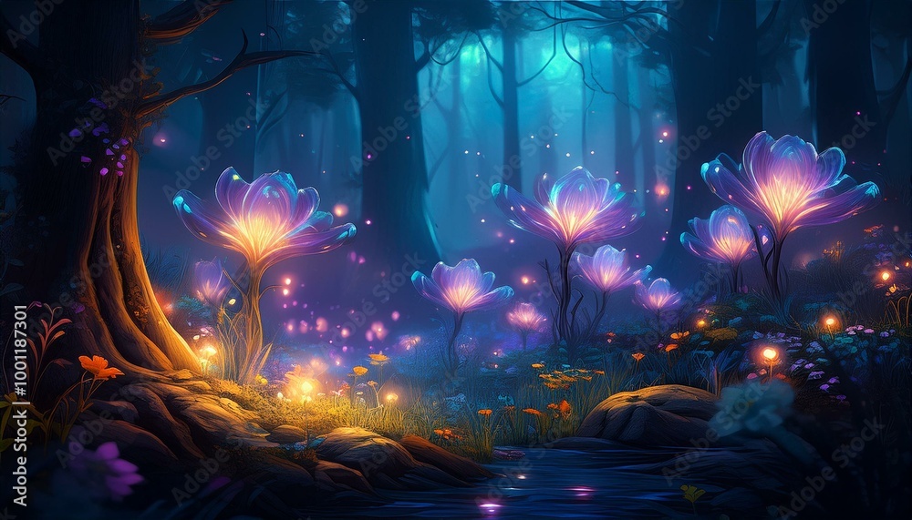 Magical nocturnal forest setting adorned with luminescent flowers and ethereal illumination Magical nocturnal forest setting adorned with luminescent flowers and ethereal illumination