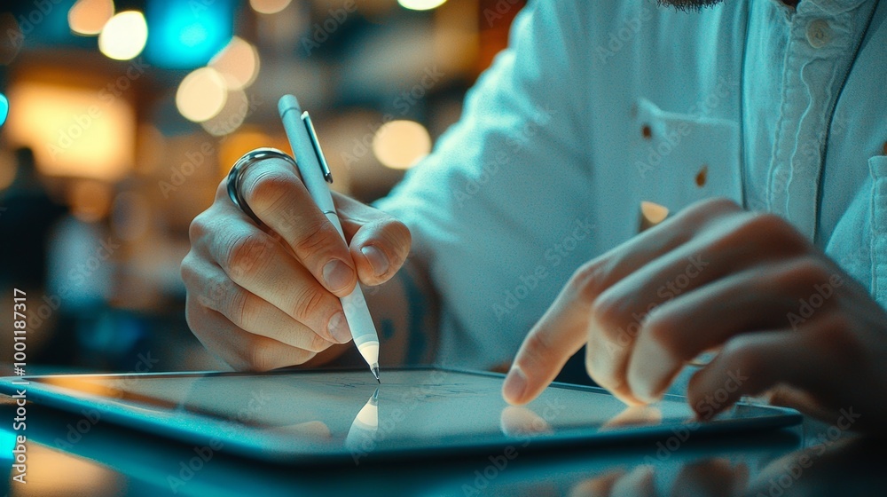 Obraz premium Person using stylus on digital tablet with creative lighting