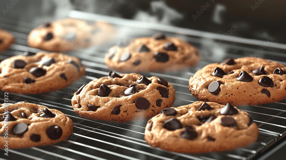 A creative depiction of oversized chocolate chip cookies cooling on a wire rack, with steam rising from them and a few chips melting, Illustration, Food Concept A creative depiction of oversized chocolate chip cookies cooling on a wire rack, with steam rising from them and a few chips melting, Illustration, Food Concept