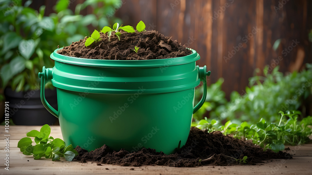 Gardening activities in the backyard with a shovel and a bucket filled with soil Gardening activities in the backyard with a shovel and a bucket filled with soil