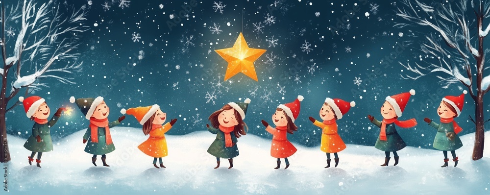 Naklejka premium A group of children in festive attire plays in the snow, reaching for a glowing star overhead