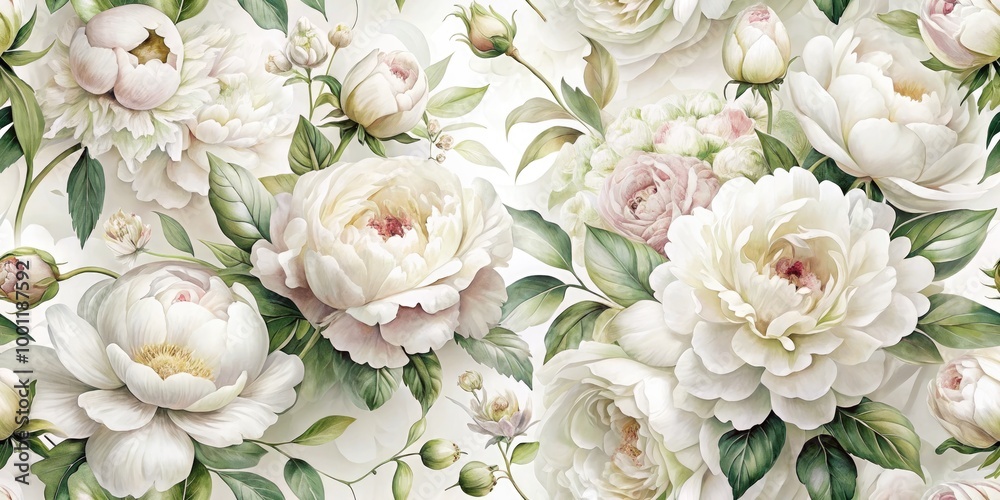 Obraz premium Delicate petals of fresh white peonies and roses cascade against a crisp, pure white backdrop, creating a serene and ethereal floral wallpaper design.