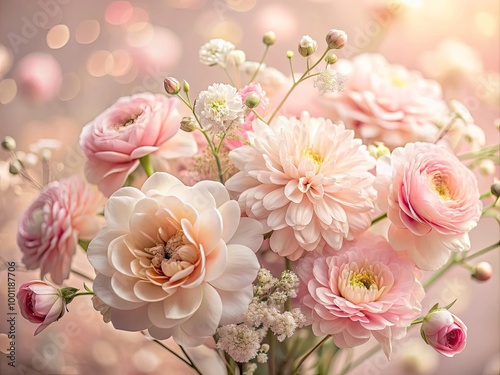 Delicate, soft-focus flowers in pastel shades bloom on a serene, pale pink background, evoking feelings of femininity, elegance, and gentle, rustic charm.