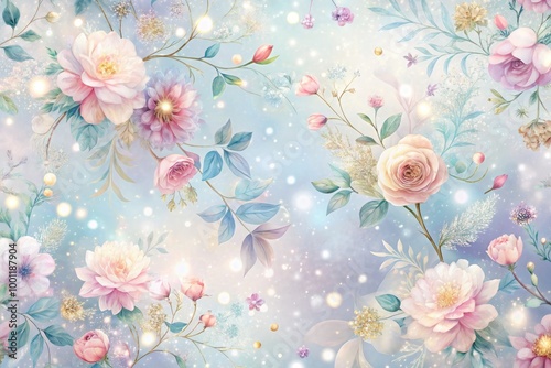 Delicate, whimsical floral pattern with pastel hues, sparkling dust, and subtle shimmer, evoking an ethereal, dreamy atmosphere perfect for fantasy and mythical themes.