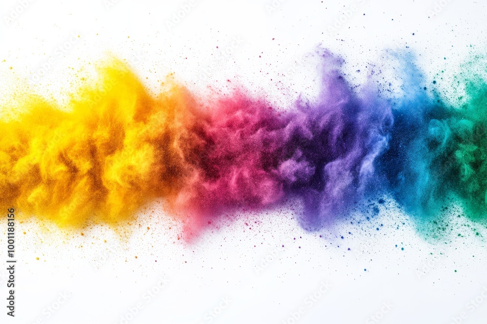 Fototapeta premium A burst of colored powder in yellow, pink, purple, and turquoise creates a striking visual effect on a bright white backdrop