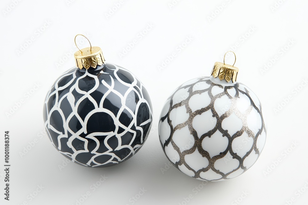 Two beautifully crafted ornaments showcase unique black and white patterns, adding elegance for festive occasions and holidays Two beautifully crafted ornaments showcase unique black and white patterns, adding elegance for festive occasions and holidays